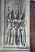 Angkor Wat temple, the fourth enclosure, the bas reliefs of the west gopura, superbly preserved devatas, either individually or in groups of two or three, amongst the finest in the monument. 